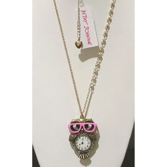 Betsey Johnson Back To Cool Owl Pink Glasses Faux Clock Pendant Necklace New - Picture 3 of 8